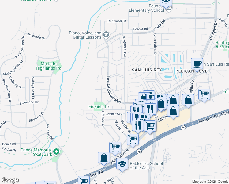 map of restaurants, bars, coffee shops, grocery stores, and more near 414 Woodpark Way in Oceanside