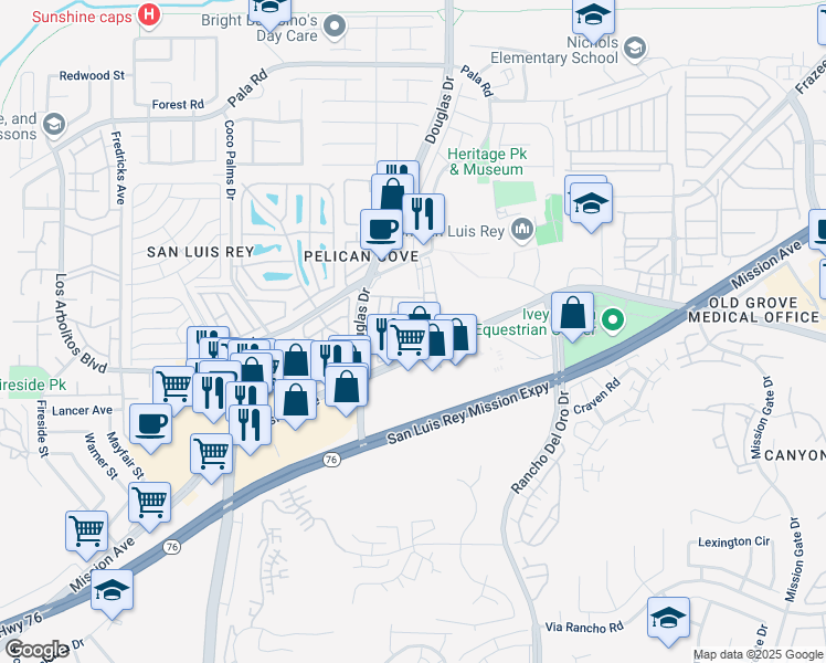 map of restaurants, bars, coffee shops, grocery stores, and more near 63 Rae Lane in Oceanside