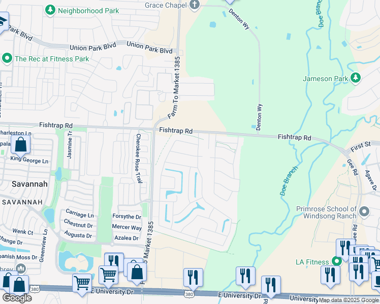 map of restaurants, bars, coffee shops, grocery stores, and more near 5630 Stockport Drive in Prosper
