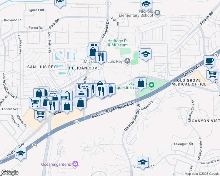 map of restaurants, bars, coffee shops, grocery stores, and more near 4000 Mission Avenue in Oceanside