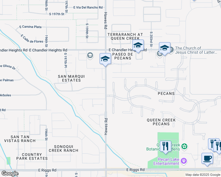 map of restaurants, bars, coffee shops, grocery stores, and more near 24110 S 201st Ct in Queen Creek