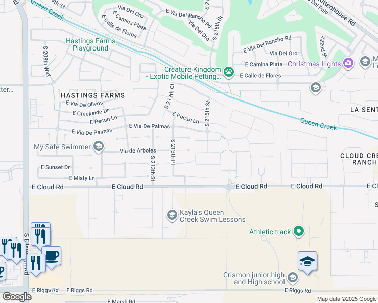 map of restaurants, bars, coffee shops, grocery stores, and more near 21482 Vía De Arboles in Queen Creek