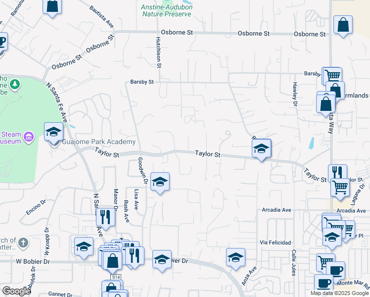 map of restaurants, bars, coffee shops, grocery stores, and more near 408 Taylor Street in Vista