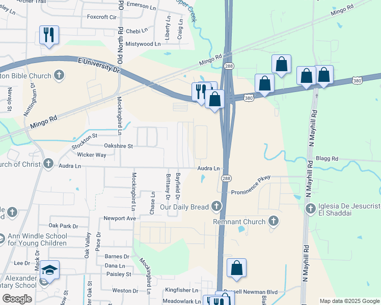 map of restaurants, bars, coffee shops, grocery stores, and more near 1226 Bayfield Drive in Denton