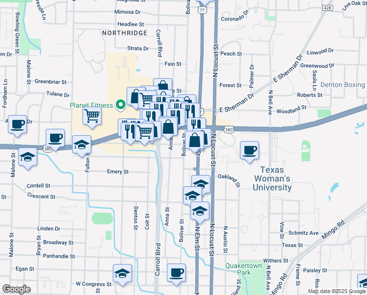 map of restaurants, bars, coffee shops, grocery stores, and more near 1720 Anna Street in Denton
