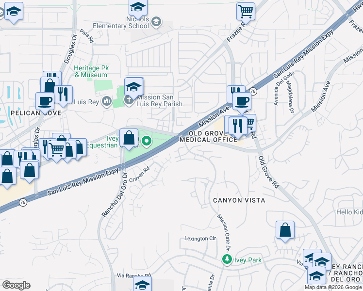 map of restaurants, bars, coffee shops, grocery stores, and more near 4216 La Casita Way in Oceanside