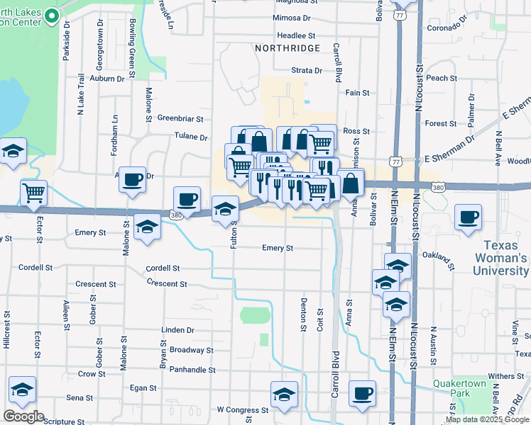 map of restaurants, bars, coffee shops, grocery stores, and more near 909 Sunset Street in Denton