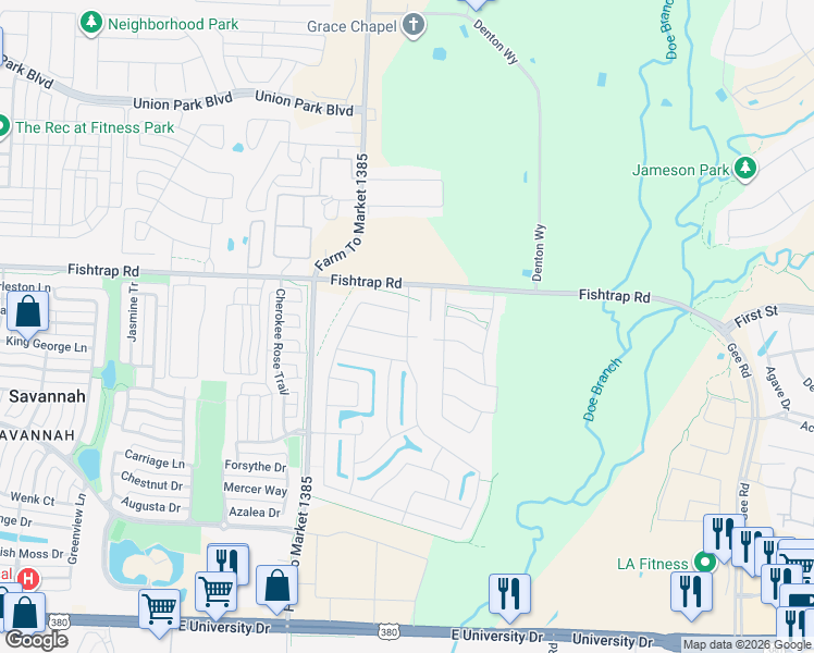 map of restaurants, bars, coffee shops, grocery stores, and more near 701 Lancashire Lane in Aubrey