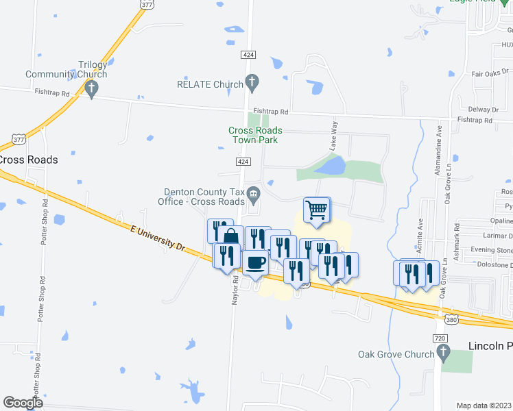 map of restaurants, bars, coffee shops, grocery stores, and more near 1400 Farm to Market Road 424 in Cross Roads