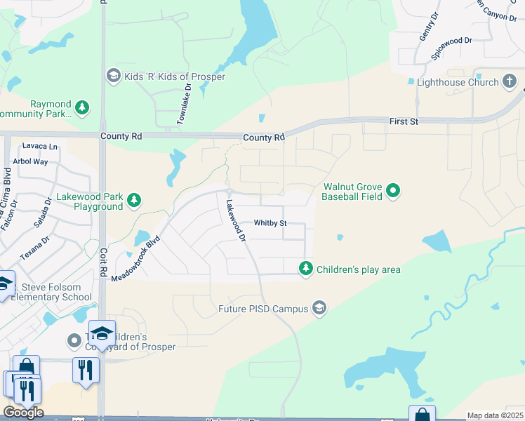 map of restaurants, bars, coffee shops, grocery stores, and more near 2980 Quinton Street in Prosper