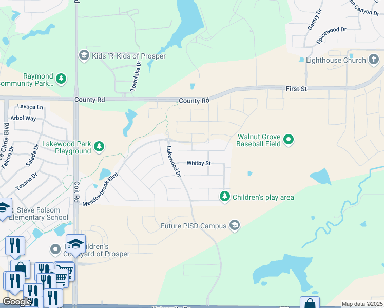 map of restaurants, bars, coffee shops, grocery stores, and more near 2980 Quinton Street in Prosper