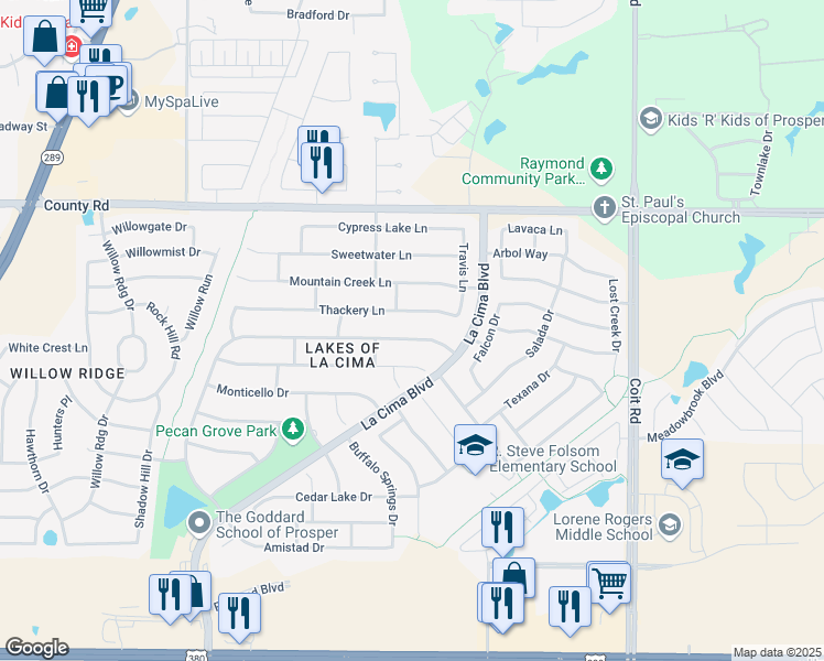map of restaurants, bars, coffee shops, grocery stores, and more near 1851 Still House Hollow Street in Prosper