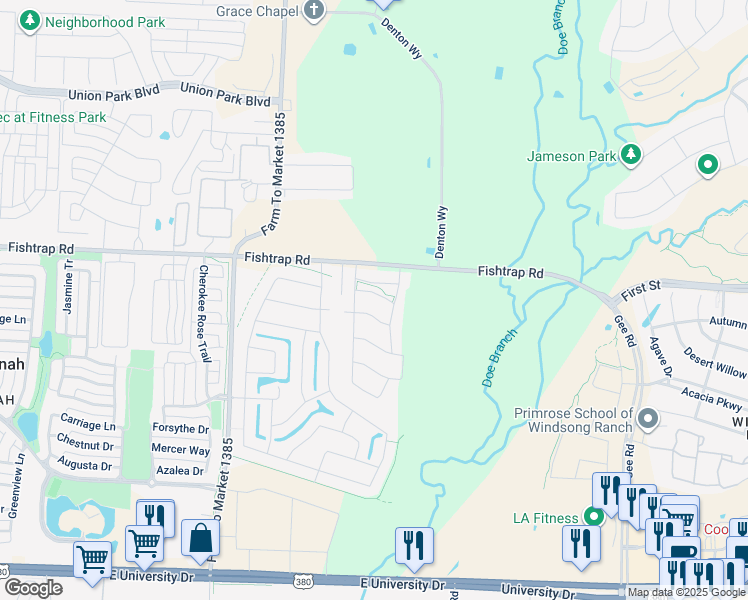 map of restaurants, bars, coffee shops, grocery stores, and more near 5441 Pronghorn Way in Prosper