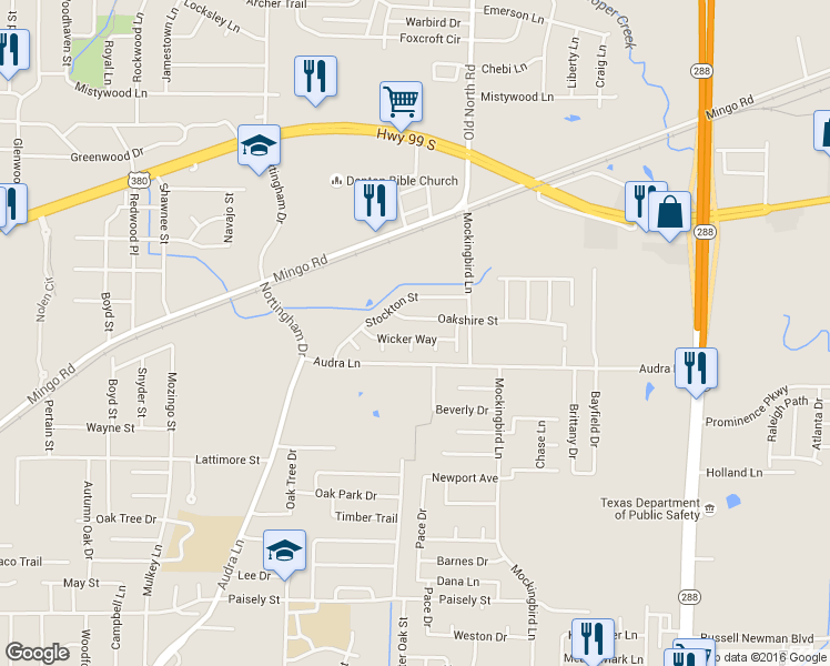 map of restaurants, bars, coffee shops, grocery stores, and more near 2917 Wicker Way in Denton