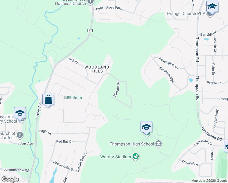 map of restaurants, bars, coffee shops, grocery stores, and more near 112 Hillside Drive in Alabaster
