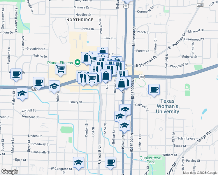 map of restaurants, bars, coffee shops, grocery stores, and more near 1720 Anna Street in Denton