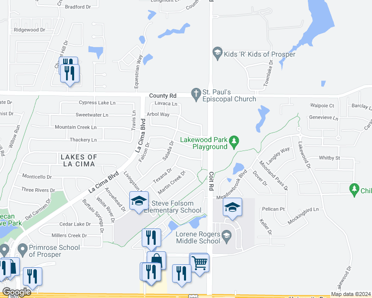 map of restaurants, bars, coffee shops, grocery stores, and more near 2240 Nocona Drive in Prosper