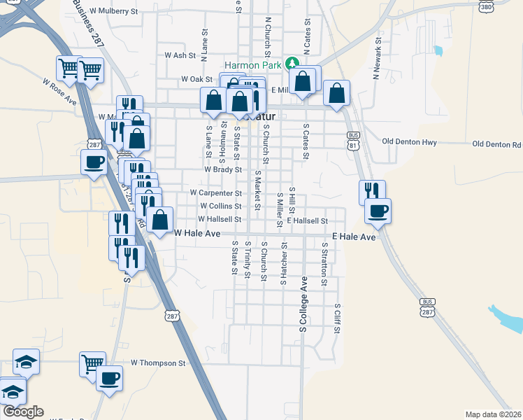 map of restaurants, bars, coffee shops, grocery stores, and more near 104 East Collins Street in Decatur