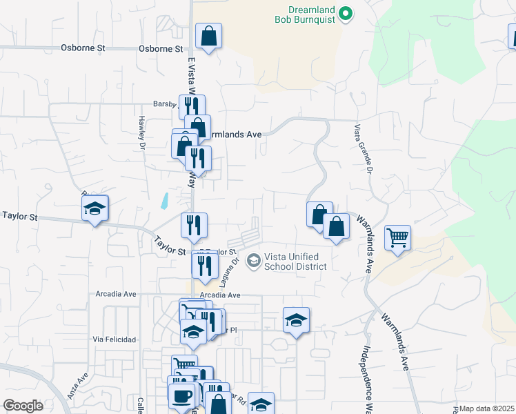 map of restaurants, bars, coffee shops, grocery stores, and more near 1857 Autumn Lane in Vista