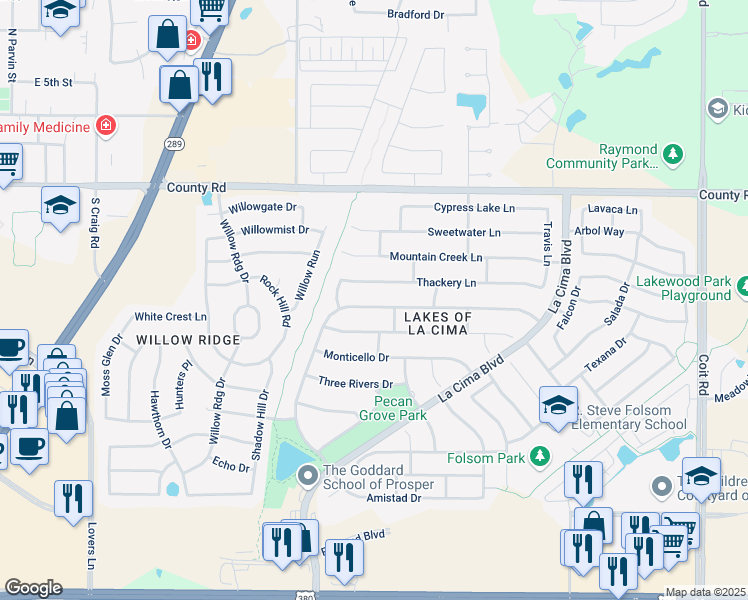 map of restaurants, bars, coffee shops, grocery stores, and more near 1541 Still House Hollow Street in Prosper
