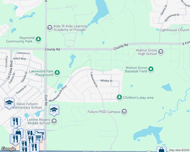 map of restaurants, bars, coffee shops, grocery stores, and more near 2900 Quinton Street in Prosper