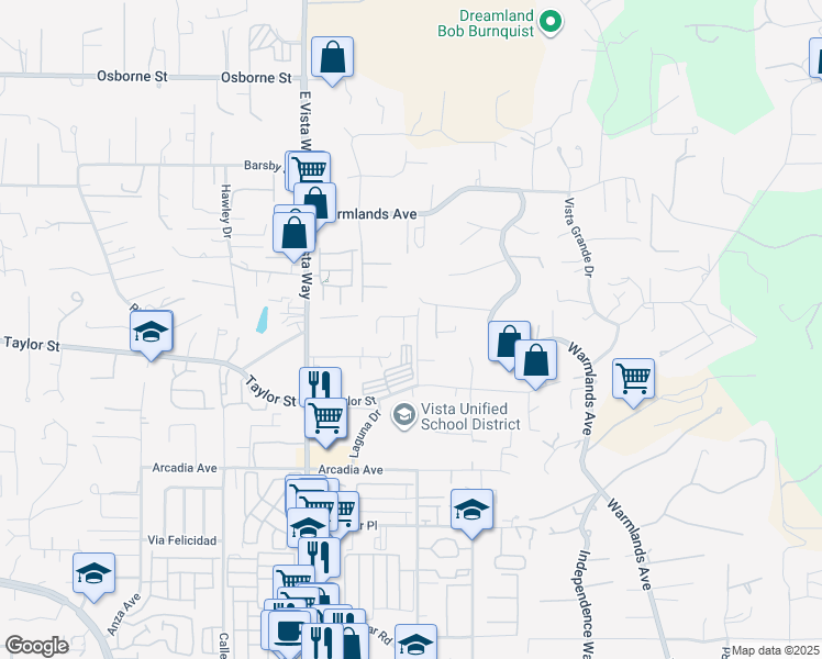 map of restaurants, bars, coffee shops, grocery stores, and more near 1857 Autumn Lane in Vista