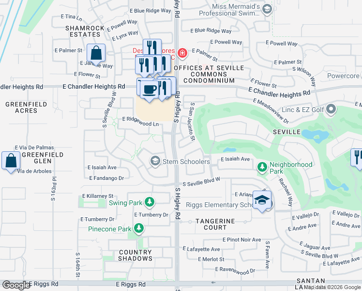map of restaurants, bars, coffee shops, grocery stores, and more near 3220 East Sports Drive in Gilbert