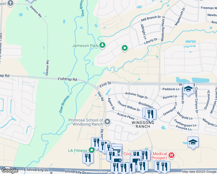 map of restaurants, bars, coffee shops, grocery stores, and more near 711 Agave Drive in Prosper
