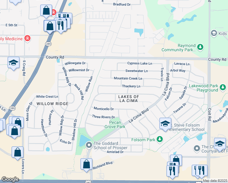 map of restaurants, bars, coffee shops, grocery stores, and more near 1541 Still House Hollow Street in Prosper