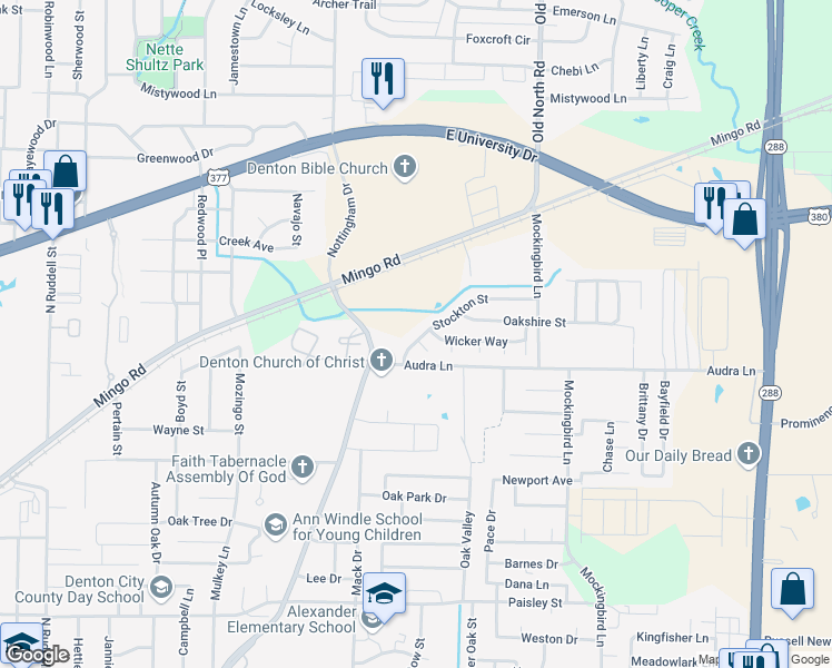 map of restaurants, bars, coffee shops, grocery stores, and more near 2725 Stockton Street in Denton