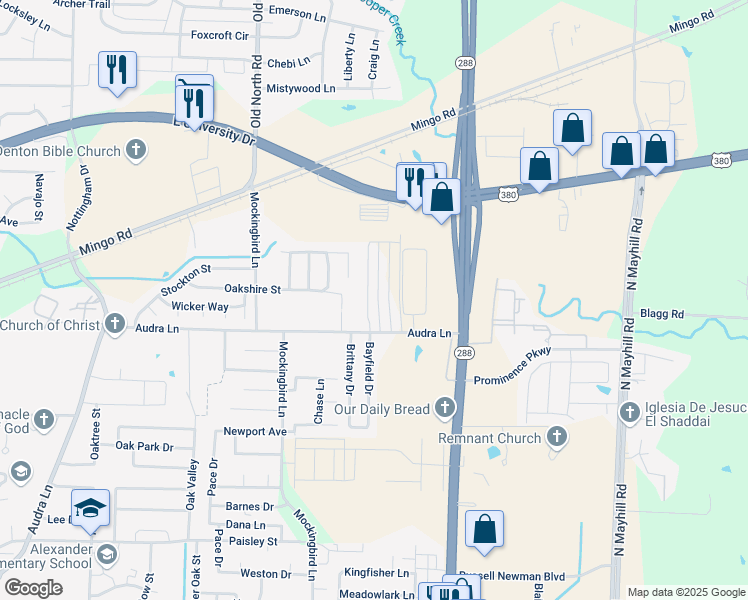 map of restaurants, bars, coffee shops, grocery stores, and more near 1226 Bayfield Drive in Denton