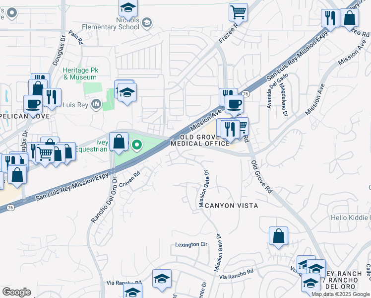 map of restaurants, bars, coffee shops, grocery stores, and more near 4232 Fiesta Way in Oceanside