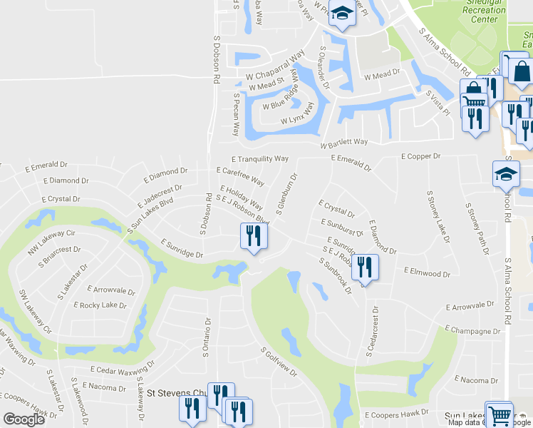 map of restaurants, bars, coffee shops, grocery stores, and more near 23905 South Vacation Way in Sun Lakes