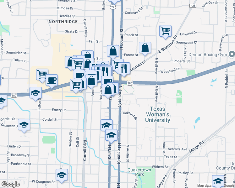 map of restaurants, bars, coffee shops, grocery stores, and more near 1805 North Locust Street in Denton