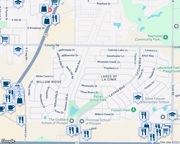 map of restaurants, bars, coffee shops, grocery stores, and more near 1541 Still House Hollow Street in Prosper