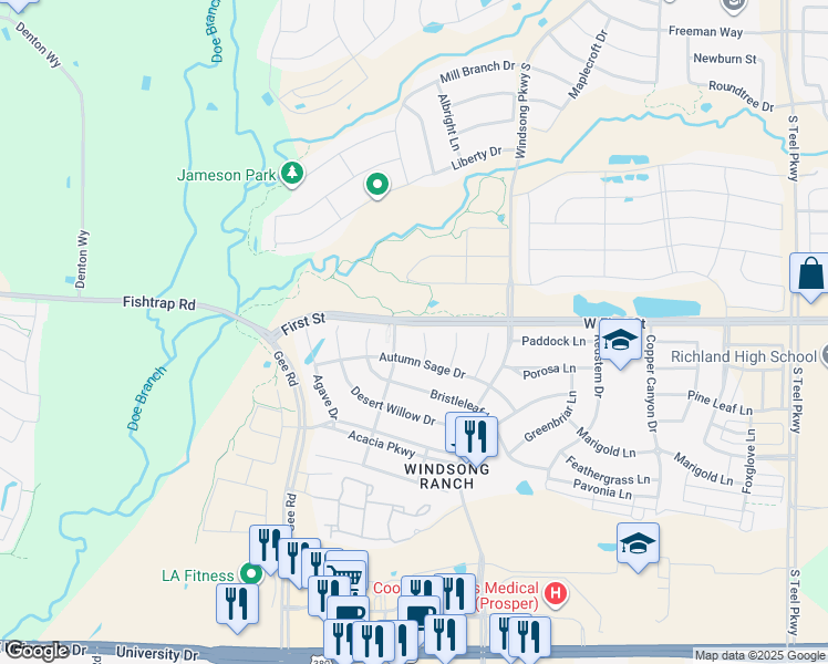 map of restaurants, bars, coffee shops, grocery stores, and more near 711 Rockrose Drive in Prosper