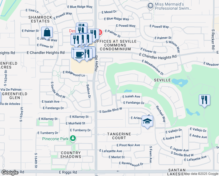 map of restaurants, bars, coffee shops, grocery stores, and more near 3296 East Castanets Drive in Gilbert