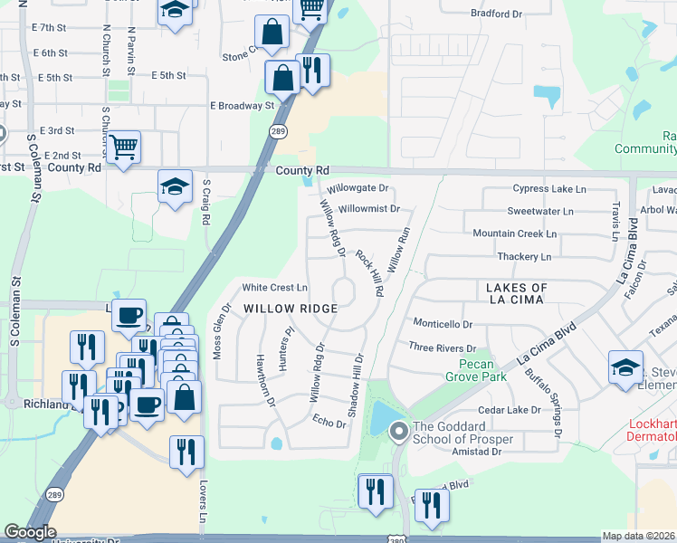 map of restaurants, bars, coffee shops, grocery stores, and more near 500 Willow Ridge Circle in Prosper