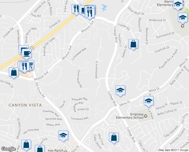 map of restaurants, bars, coffee shops, grocery stores, and more near 1185 Masterpiece Drive in Oceanside