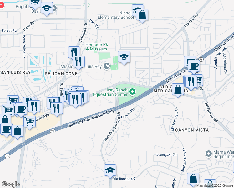 map of restaurants, bars, coffee shops, grocery stores, and more near 110 Rancho Del Oro Drive in Oceanside