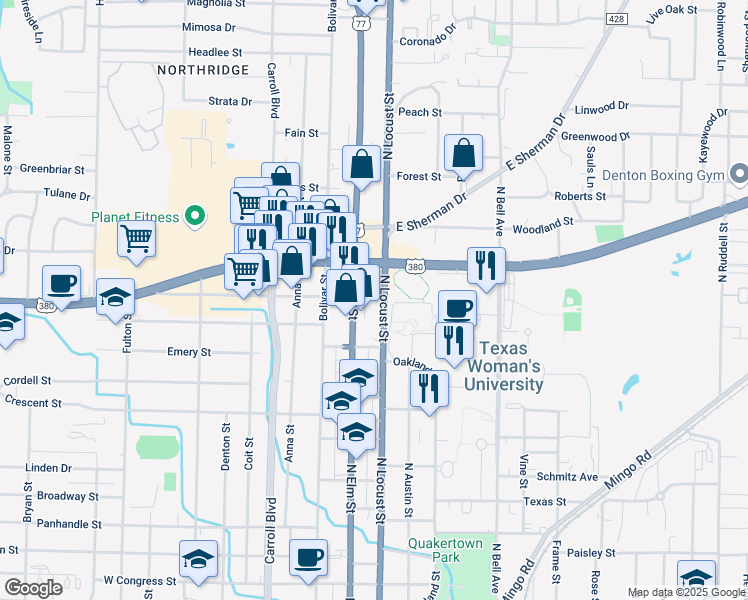 map of restaurants, bars, coffee shops, grocery stores, and more near 1805 North Locust Street in Denton