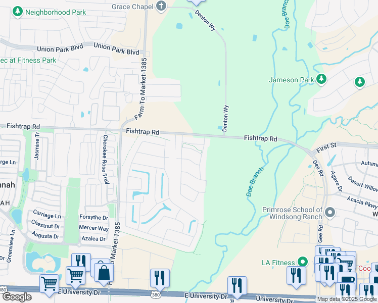 map of restaurants, bars, coffee shops, grocery stores, and more near 5441 Pronghorn Way in Prosper