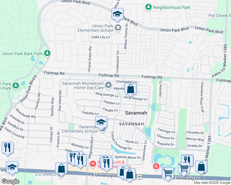 map of restaurants, bars, coffee shops, grocery stores, and more near 1509 Carnegie Drive in Aubrey