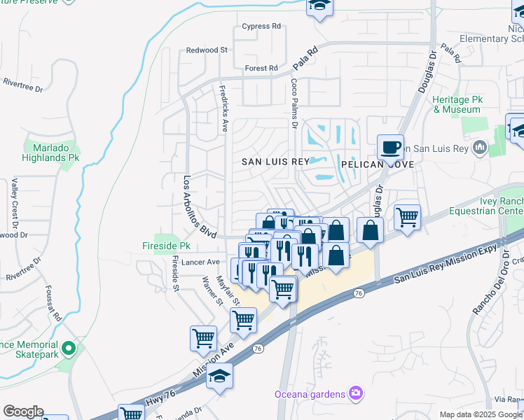 map of restaurants, bars, coffee shops, grocery stores, and more near Los Colinas in Oceanside