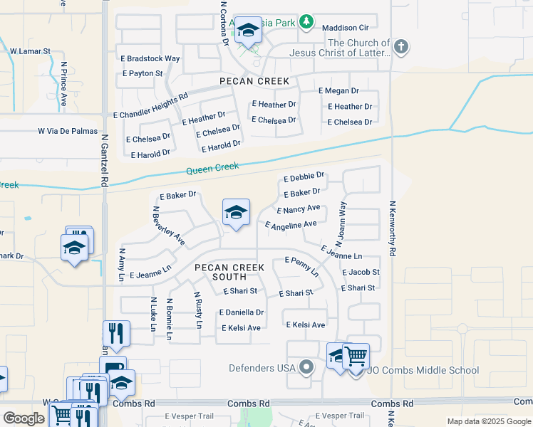 map of restaurants, bars, coffee shops, grocery stores, and more near 38599 North Carolina Avenue in Queen Creek