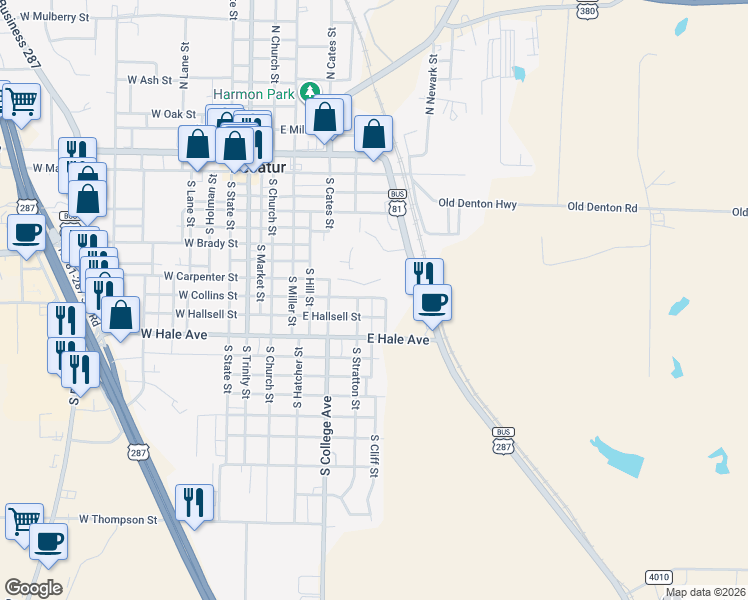 map of restaurants, bars, coffee shops, grocery stores, and more near 604 South Cliff Street in Decatur