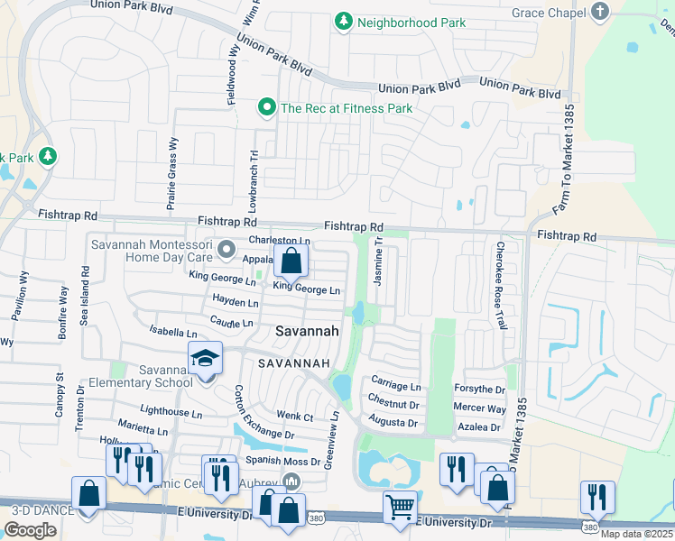 map of restaurants, bars, coffee shops, grocery stores, and more near 1232 Appalachian Lane in Aubrey
