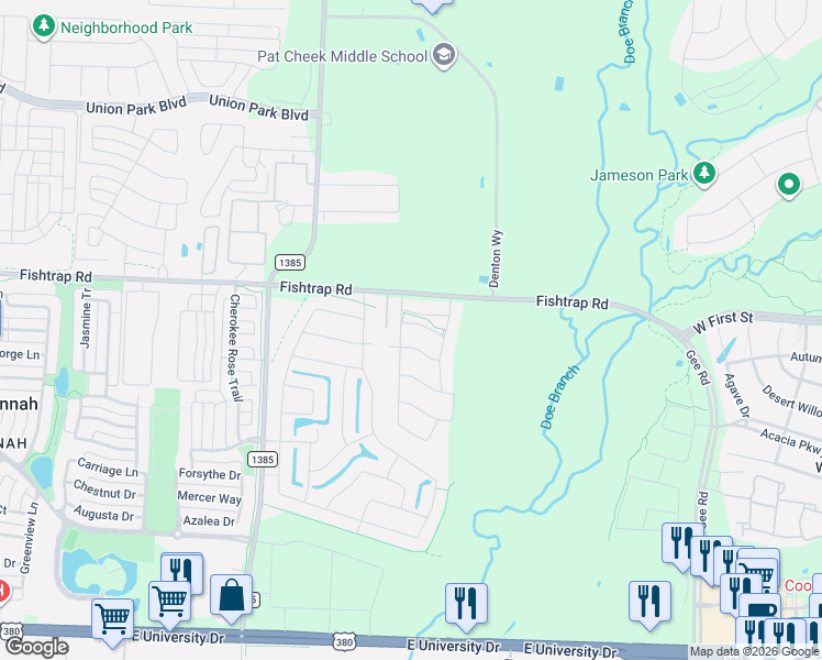 map of restaurants, bars, coffee shops, grocery stores, and more near 5441 Pronghorn Way in Prosper