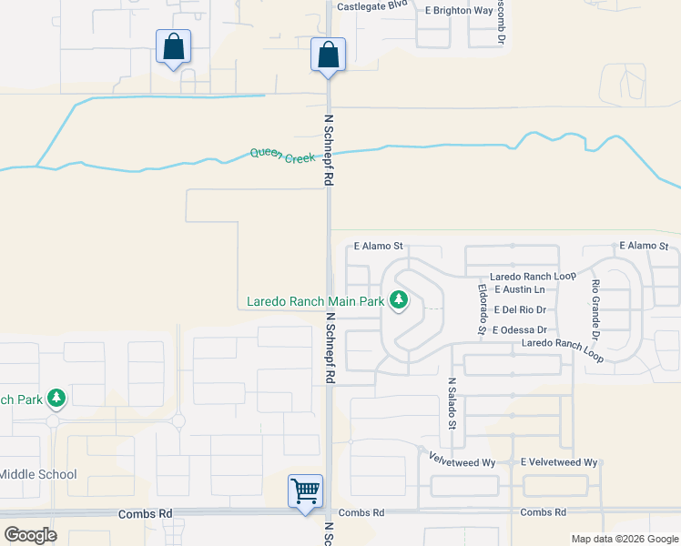 map of restaurants, bars, coffee shops, grocery stores, and more near 38592 North La Grange Lane in San Tan Valley