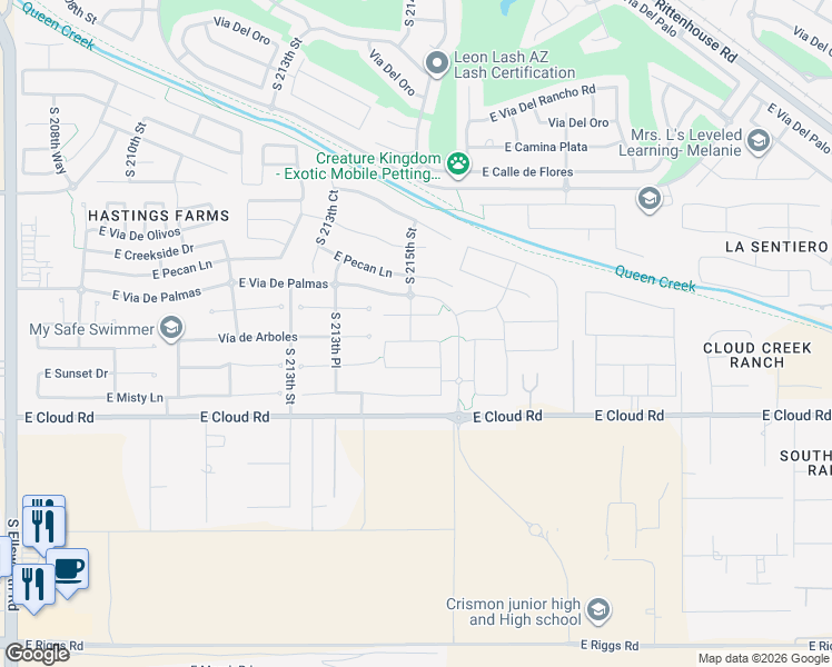 map of restaurants, bars, coffee shops, grocery stores, and more near 21482 Vía de Arboles in Queen Creek